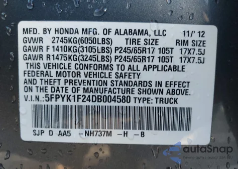 2013 Honda Ridgeline Rt z USA, uszkodzony, nr VIN 5FPYK1F24DB004580